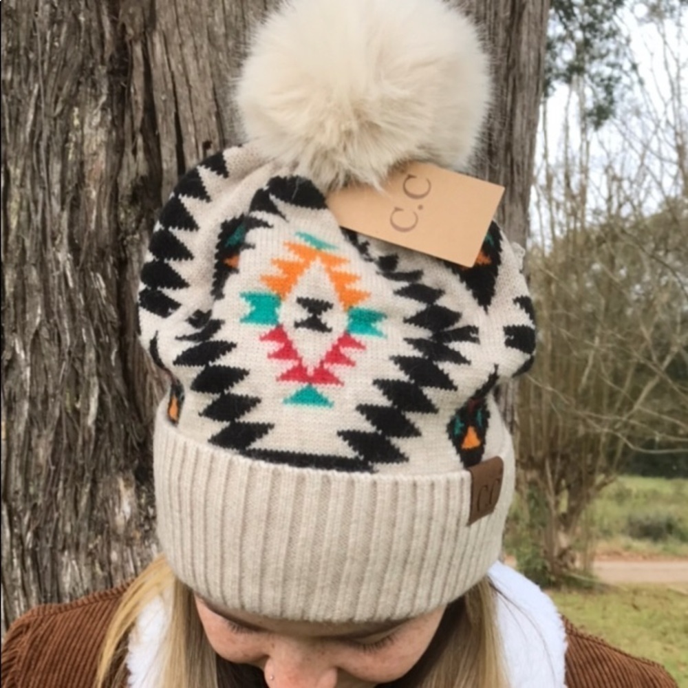 CC Brand Cream Aztec Pompom Beanie